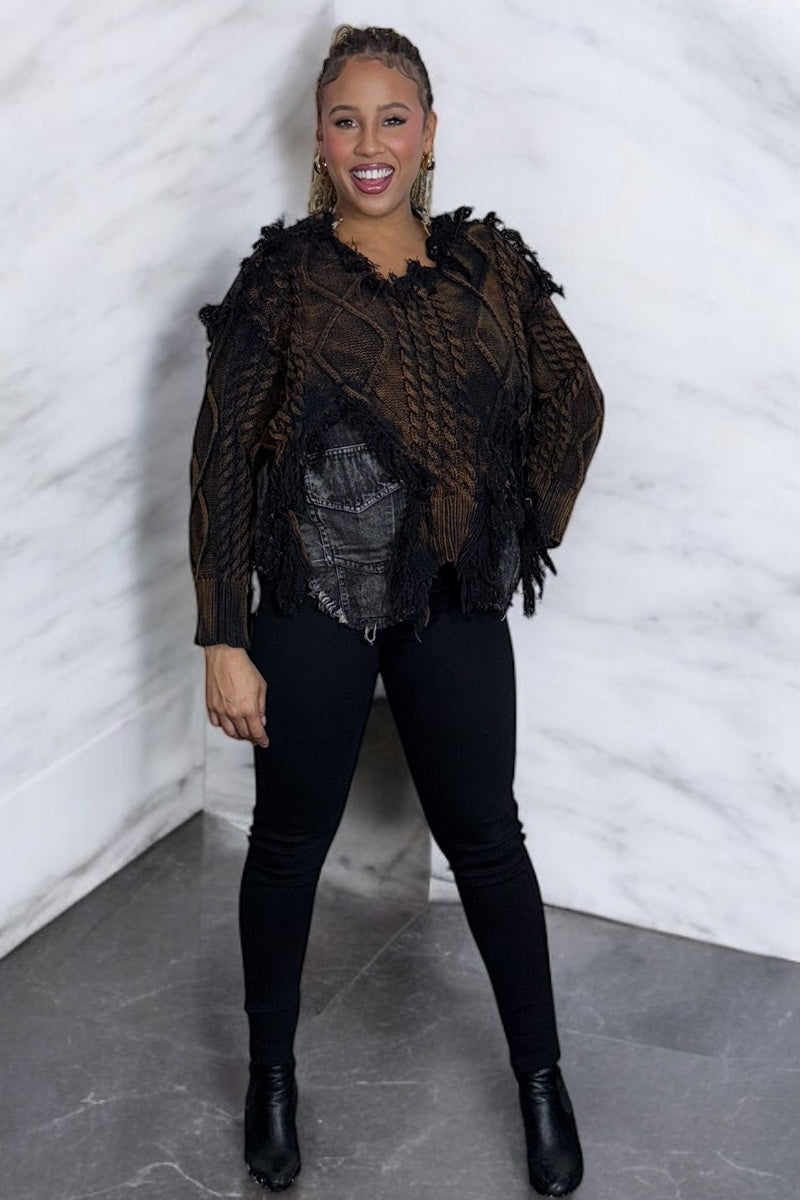 Black distressed cable-knit sweater