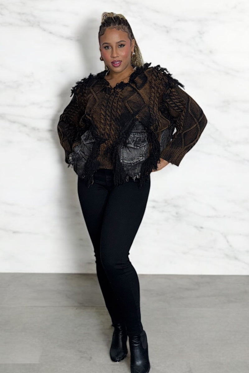 Black distressed cable-knit sweater