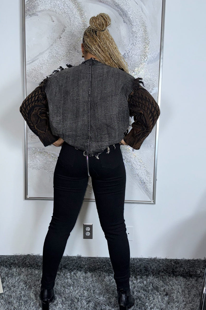 Black distressed cable-knit sweater