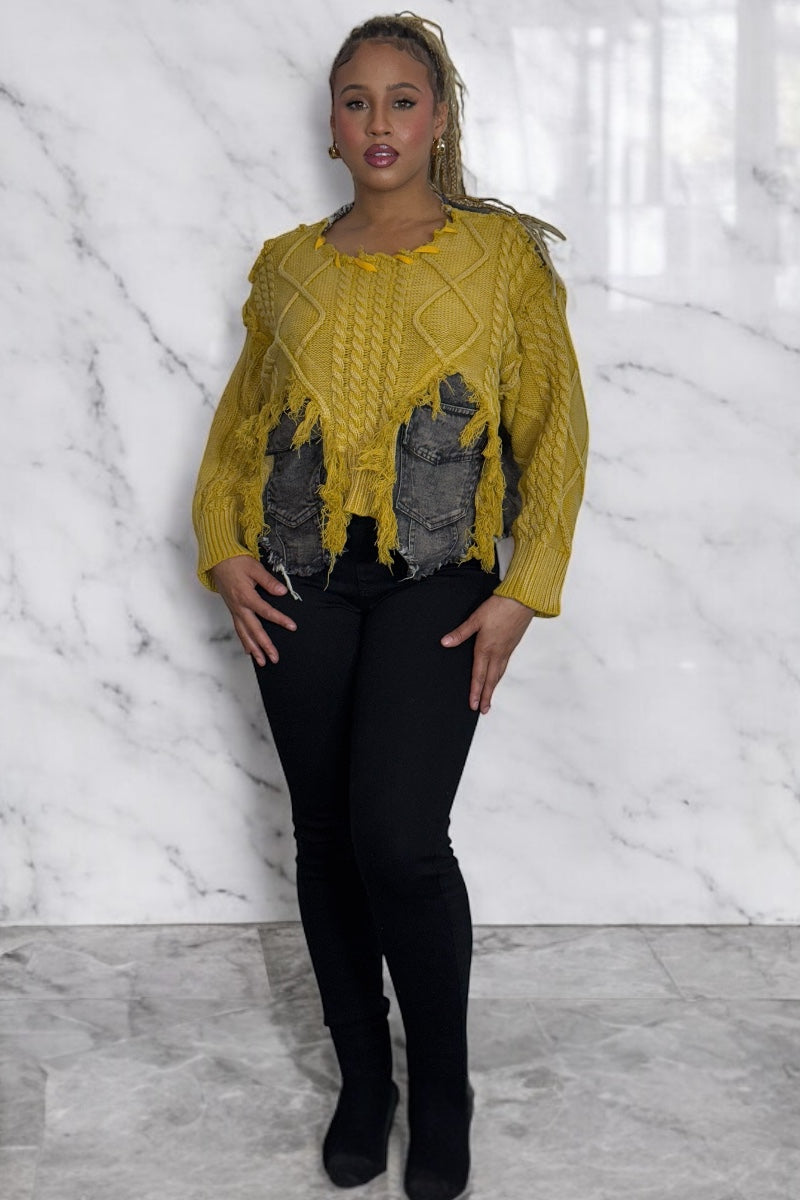 Yellow Distressed Cable-Knit Sweater