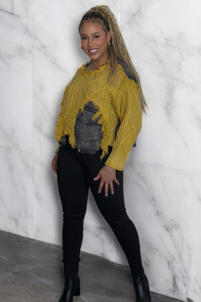 Yellow Distressed Cable-Knit Sweater