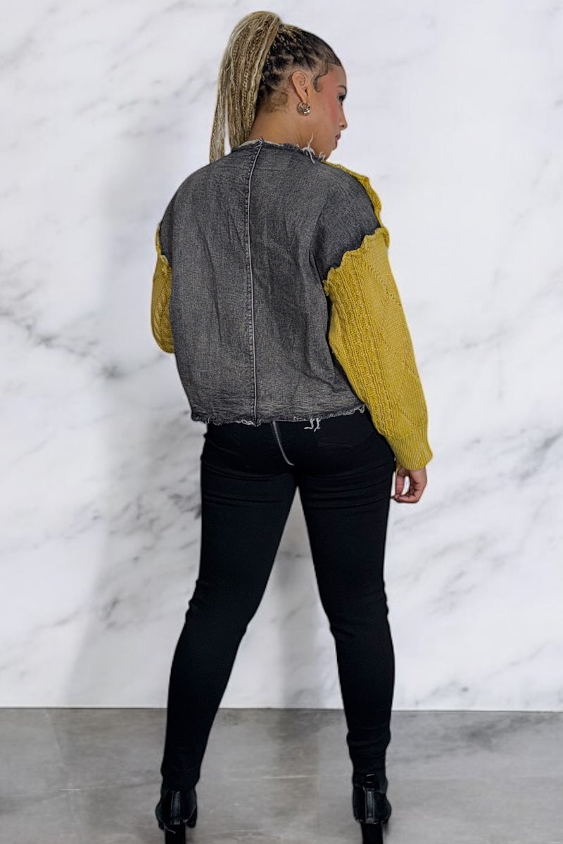 Yellow Distressed Cable-Knit Sweater