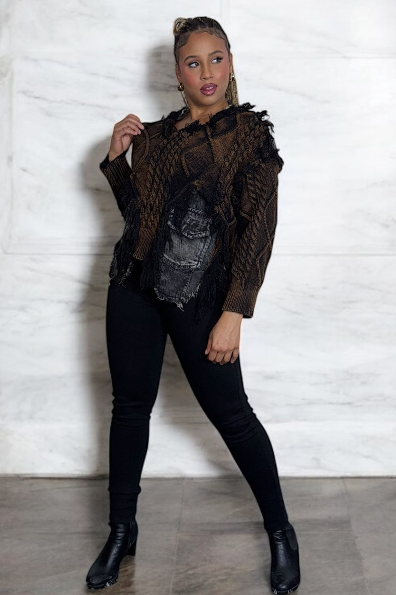 Black distressed cable-knit sweater