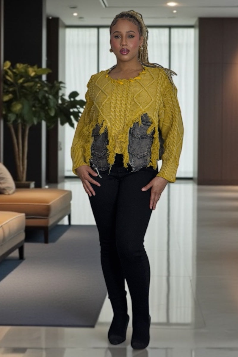 Yellow Distressed Cable-Knit Sweater