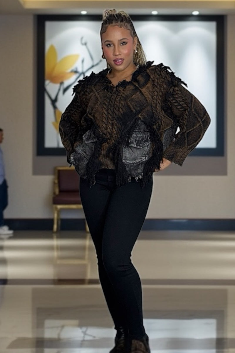 Black distressed cable-knit sweater